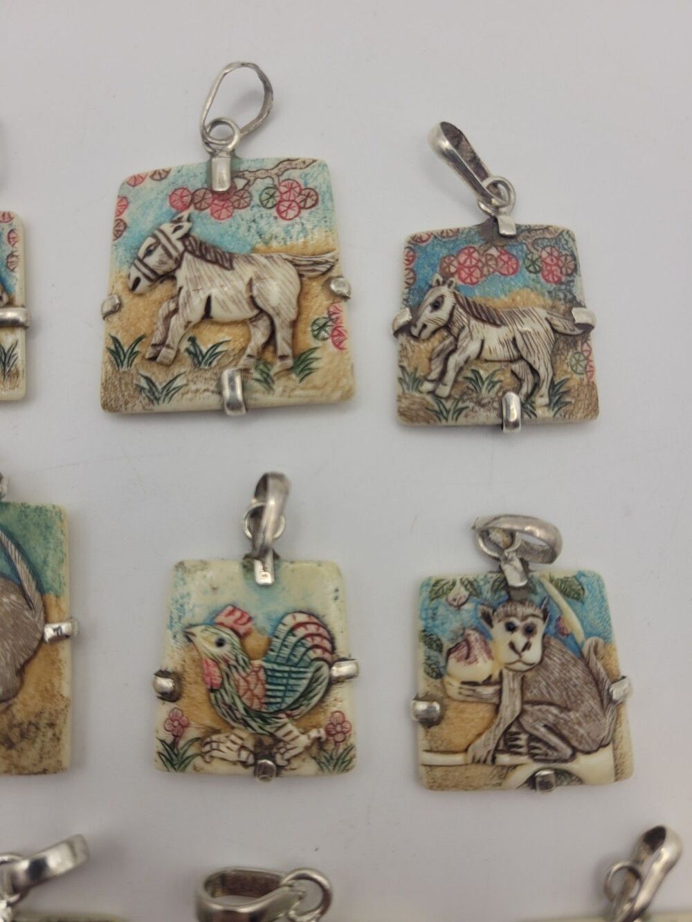 Vintage Hand-Carved Bone Chinese Zodiac Pendant Lot 10pc Sterling Silver READ - Picture 5 of 12